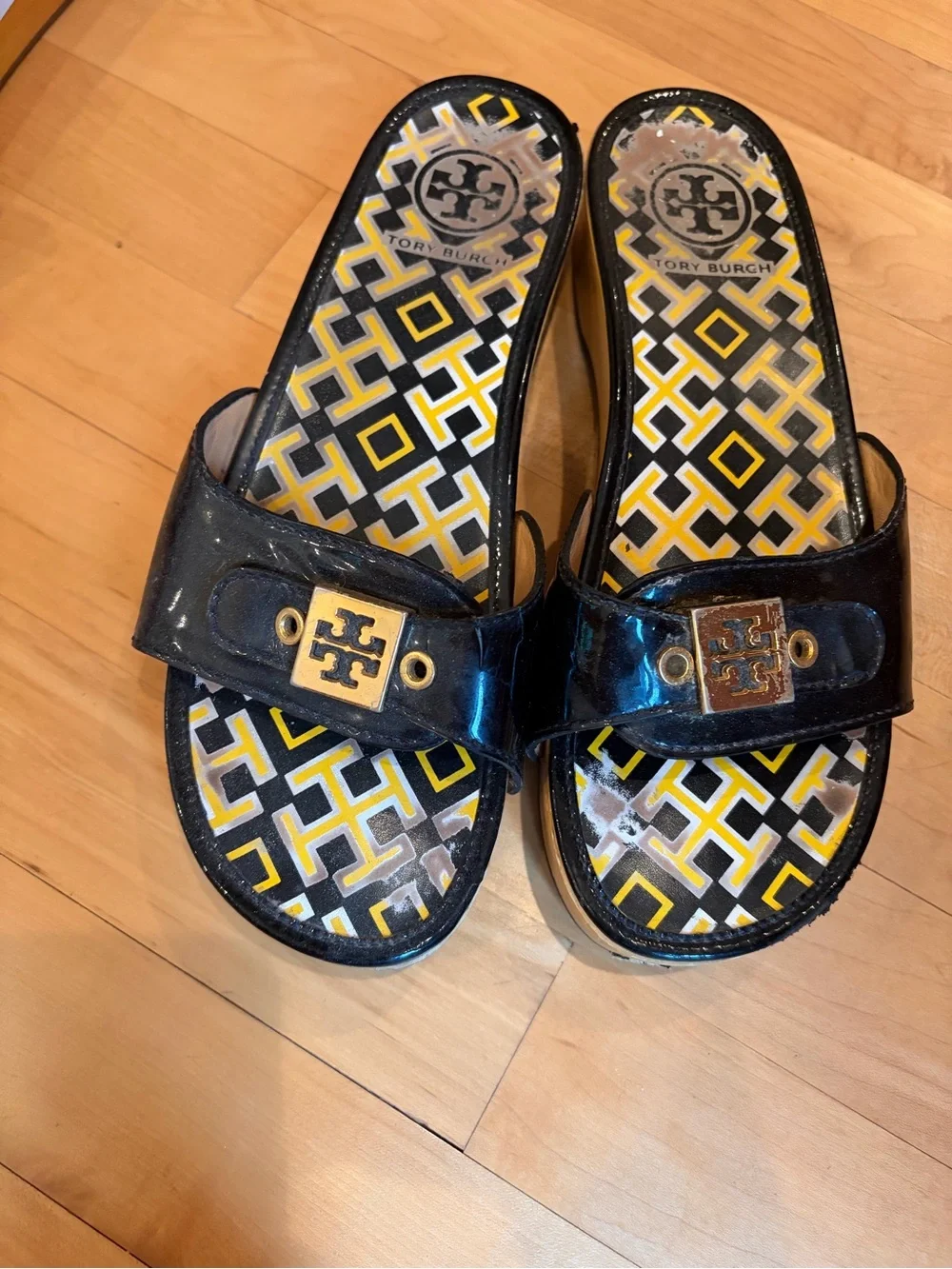Tory Burch Black Patent Logo Slide Sandals with Yellow Accent Insole